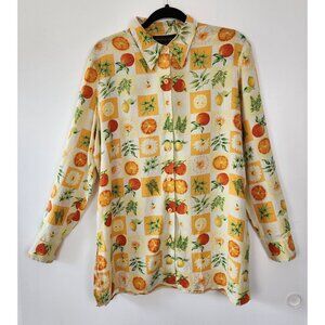 August Silk Women's 100% Silk Citrus Themed Button Up Long Sleeve Shirt Size 12
